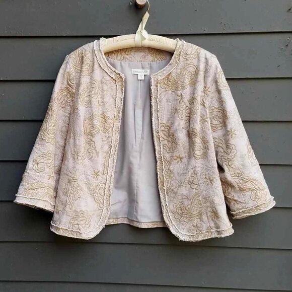 Coldwater Creek Oatmeal Linen cotton Embroidered Paisley Jacket size 12 - Picture 1 of 14